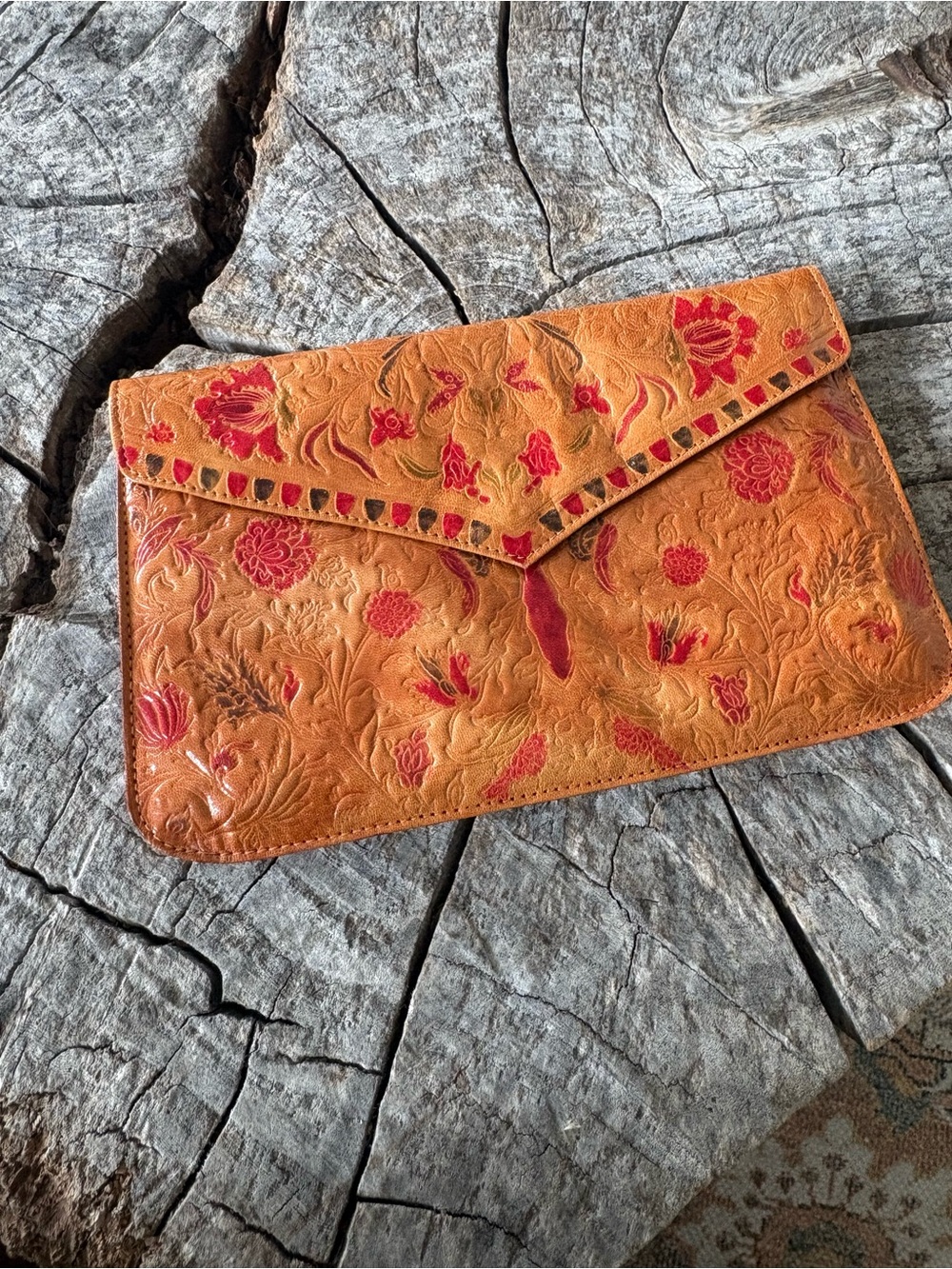 Vintage Tooled Floral Leather Envelope Clutch | Boho Western | Genuine Leather - Picture 3 of 8